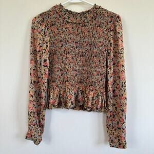 Patrons Of Peace Women's Cottage Floral Smocked Cropped Long Sleeve Blouse MED